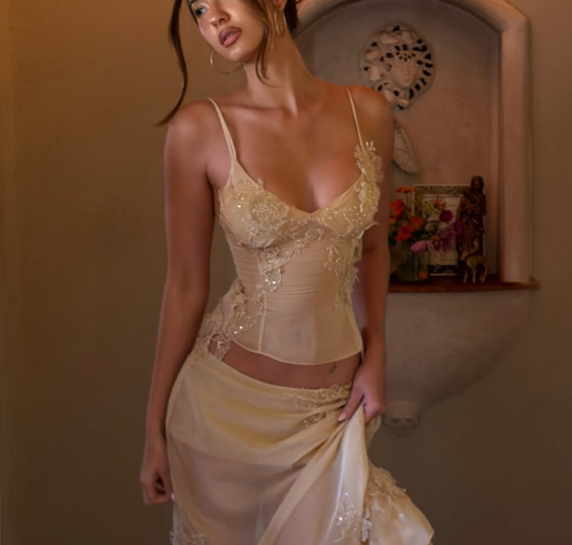 Light Yellow Muyun Gauze Embroidered Sequin Suspender Top + Fishtail Ruffled Splicing Skirt Two-piece Sexy Suit