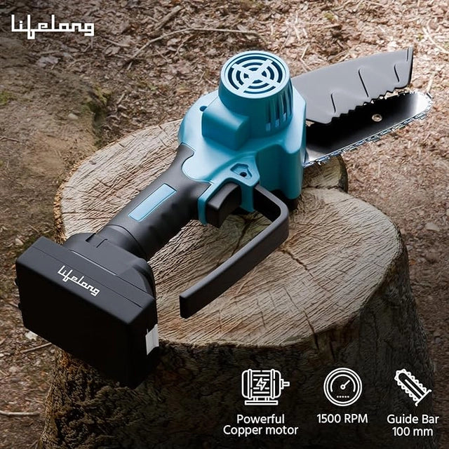 Lithium-ion cordless chainsaw on a wooden stump with 'lifelong' branding.