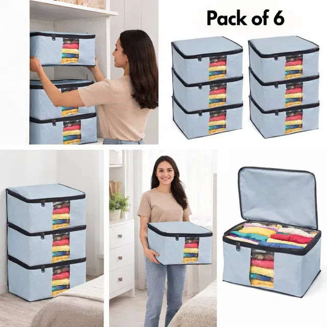 Collapsible fabric wardrobe organizer storage with sturdy grab handles. Pack of 6.