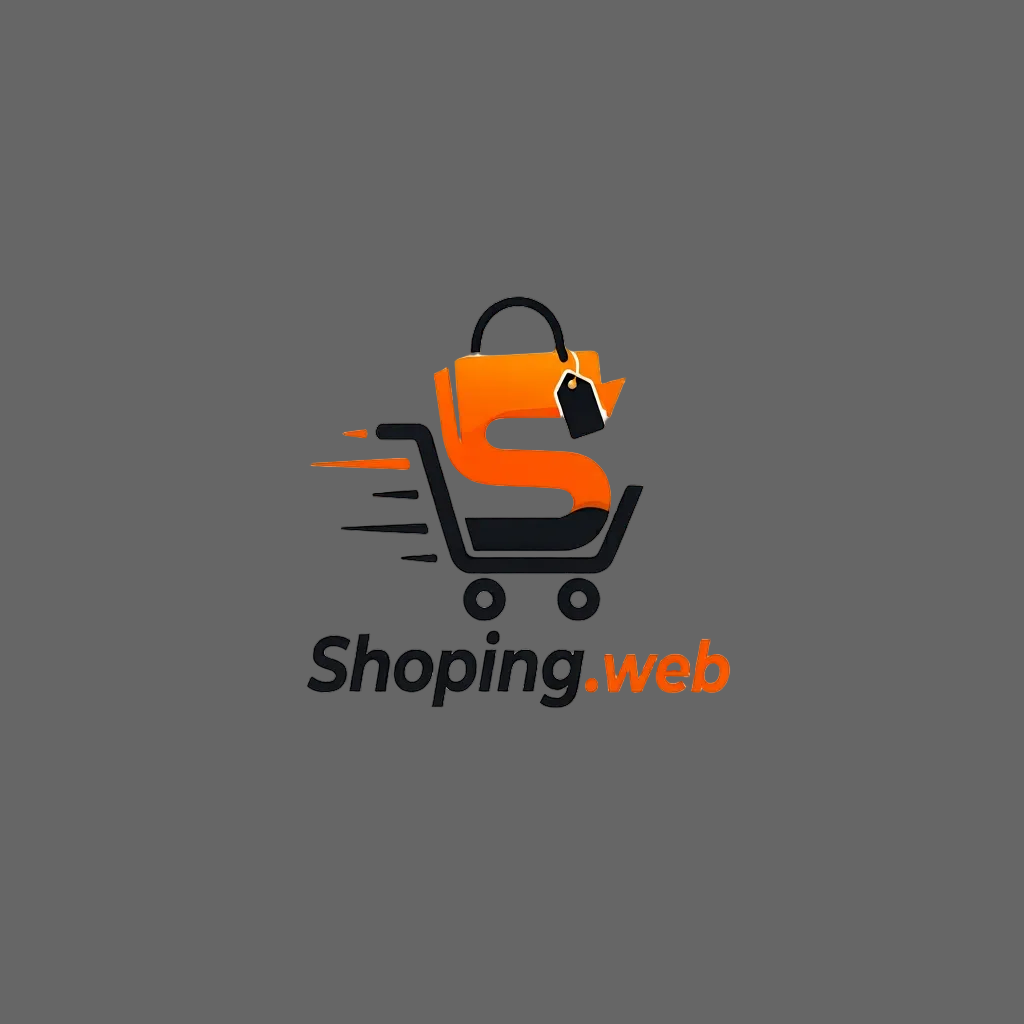A minimalist shopping cart and hanging tag logo with the text 'Shoping.web' on a plain white background.
